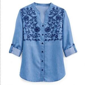 Country Store Catalog Denim Shirt Embroidery Long Roll Tab Sleeves Blue Size 2X